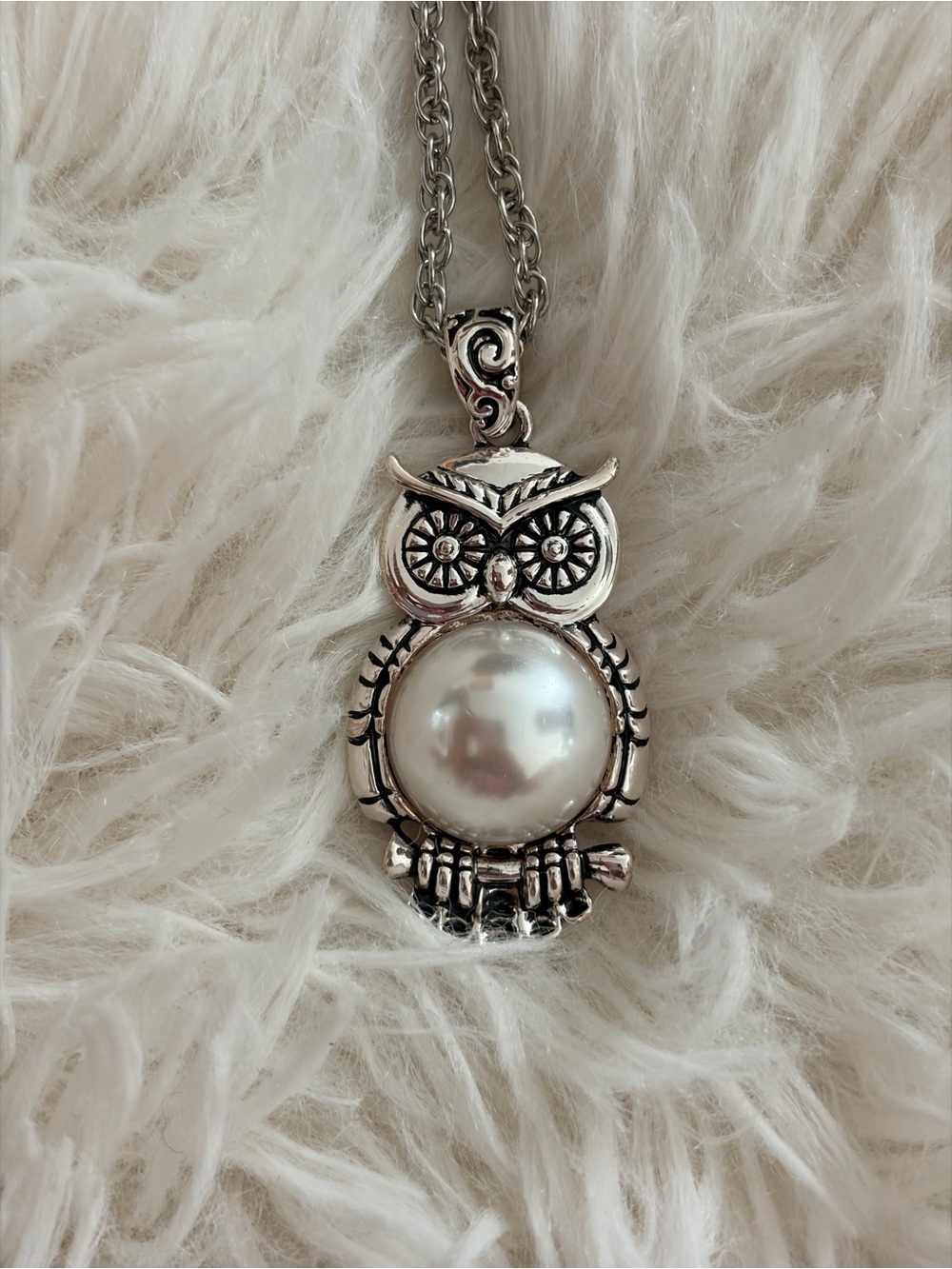 Silver Owl Pendant Necklace with Pearl Accent - Women Jewelry